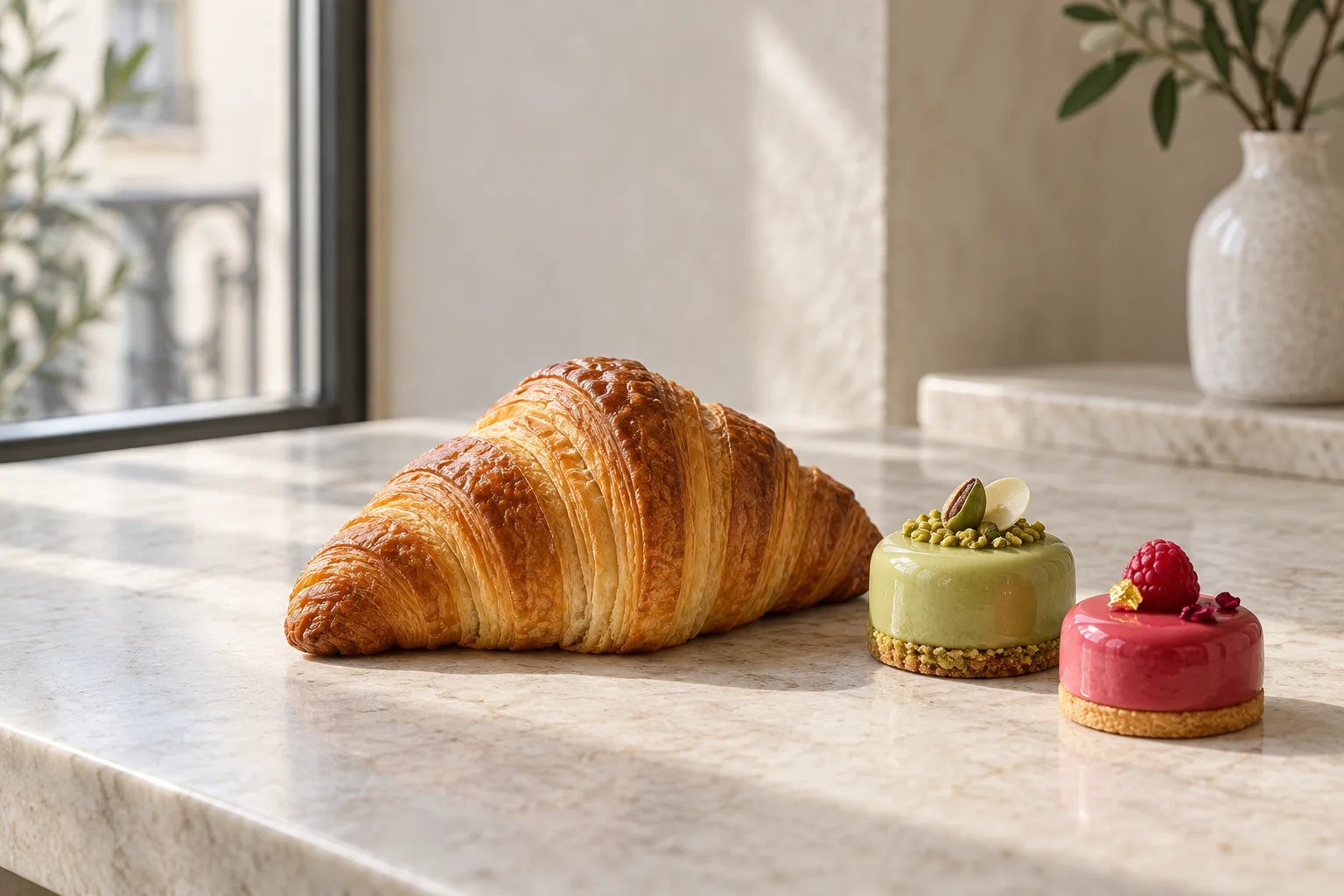 Selección conceptual de bollería y pastelitos sobre una encimera clara